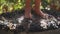 Feet of slim girl squeezing grapes in wooden barrel