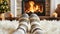 Feet of Unrecognizable Woman in Woollen Socks by the Fireplace - Generative Ai