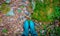 Feet in waterproof, insulated green rubber boots stand on multi-colored, various fallen leaves  forest. Top view.