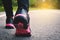 Feet women running on the road for health