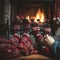 Feet in woollen socks by the Christmas fireplace