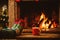 Feet in woollen socks by the Christmas fireplace. Woman relaxes