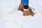 Feet in yellow, orange boots, legs in blue jeans in snow. Hike, outdoor recreation. Girl, woman walks in beautiful winter forest