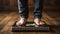 Feet of a young adult man standing on a scale measurin. Generative AI.