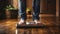 Feet of a young adult man standing on a scale measurin. Generative AI.