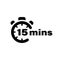 Fefteen minute vector icon. Time left symbol isolated. Stopwatch black sign. Vector EPS 10