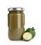Feijoa jam in glass jar and fruits on white background