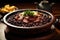 Feijoada served in a clay bowl on a rustic wooden table. Brazilian cuisine