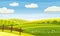 Felds and hills rural landscape. Cartoon countryside valley with green hills trees flowers blue sky and curly clouds