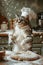 Felidae cat, kneading dough, wearing chefs hat in kitchen