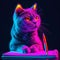 Felidae cat with pink whiskers sitting on purple notebook with a pen