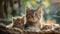 Felidae cat with two small kittens sitting in a basket