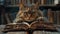 Felidae Cat with whiskers resting on open book on wooden table