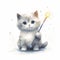 Felidae Cat in wizard hat with wand, happy gesture holding toy