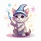 Felidae Cat in wizard hat with wand, happy gesture holding toy