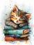 Felidae feline napping on books, displaying whiskers, fur, and paws