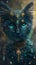 A Felidae organism, a carnivore cat with electric blue eyes wearing a necklace