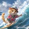 Felidae organism wears hat while surfing wave in the cartoon sky