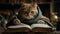 A Felidae sits at a table, reading a book and writing on paper