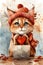 Felidae wearing a hat and scarf holds a heart and a laptop