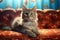 Feline Fashion: A Cozy Cat on a Blue Wallpapered Couch