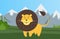 Feline with fluffy coat and large mane. Lion is resting in nature against background of mountains