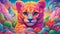 Feline head in a dreamy cloudscape featuring vibrant colors and flower elements, AI-generated.