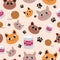 Feline seamless pattern with different cat heads and expressions. Repeat pattern with kitties, paws and canmed food.