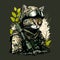 A feline soldier dressed in camouflaged uniform. AI generated