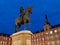 Felipe III Statue in plaza mayor in Madrid at dawn or twilight perspective view