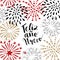 Feliz ano nuevo, Spanish Happy New Year greeting card with handwritten text and hand drawn fireworks, stars. Vector illustration