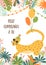 Feliz cumpleanos a tu jungle birthday poster. Feliz Cumpleanos means Happy Birthday in Spanish. Tropical leaves and leopard