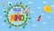 Feliz Dia del Nino greeting card - Happy Children`s Day in Spanish language. Text inside a circle surrounded by playgrounds