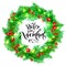 Feliz Navidad Spanish Merry Christmas hand drawn calligraphy and holly wreath decoration with golden lights garland frame for holi