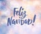 Feliz Navidad - spanish Merry Christmas text. Holiday greetings quote. Blurred winter background with falling snow