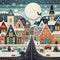 felt art patchwork, European colorful houses along winter snowy street, minimalist style flat art design landscape, Generative AI