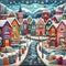 felt art patchwork, European colorful houses along winter snowy street, minimalist style flat art design landscape, Generative AI