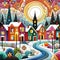 felt art patchwork, European colorful houses along winter snowy street, minimalist style flat art design landscape, Generative AI