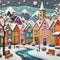 felt art patchwork, European colorful houses along winter snowy street, minimalist style flat art design landscape, Generative AI