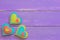 Felt hearts set. Valentine background with sewed felt hearts on wood planks. Happy Valentines day card. Wooden background