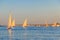 Felucca boats sailing on the Nile river in Luxor, Egypt. Traditional Egyptian sailing boats