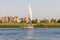 A felucca, a traditional wooden sailing boat, carrying tourists on the Nile river at Aswan