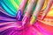 femaile hands with rainbow manicure. Love, valentine, lgbt, pride concept. Rainbow design on long oval nails. Nail art.