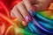 femaile hands with rainbow manicure. Love, valentine, lgbt, pride concept. Rainbow design on long oval nails. Nail art.