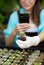 Femal agriculturist wears apron using smartphone take photo of small cactus in hand with happiness. Concept for new normal hobby