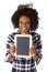 Female afro american with blank chalkboard