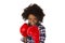 Female afro american with red boxing gloves