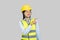 Female Asian Construction Worker and Engineer giving expressions and gestures of happiness and excitement