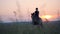 Female athlete goes fast on a brown horse through a vast field.