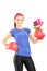 Female athlete wearing boxing gloves and holding a bunch of flow